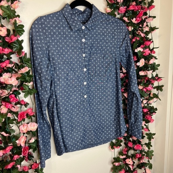 🌹J.Crew Factory Blue Chambray Popover Button Up Shirt Womens Casual XS Button - Picture 5 of 9